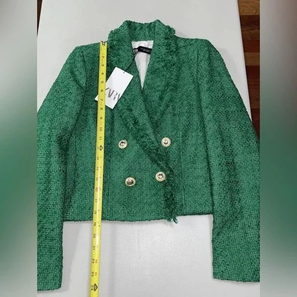 🆕(NWT) ZARA Bloggers Fav Green Tweed Double Breasted Cropped Blazer. Size XS - Picture 11 of 16